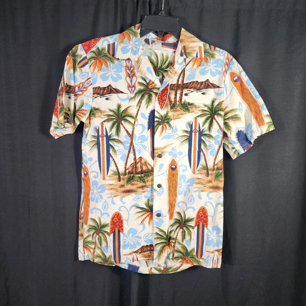 Aloha Republic Mens Small Hawaiian Shirt‎ Surfboard Palm Tree Cotton Made in USA